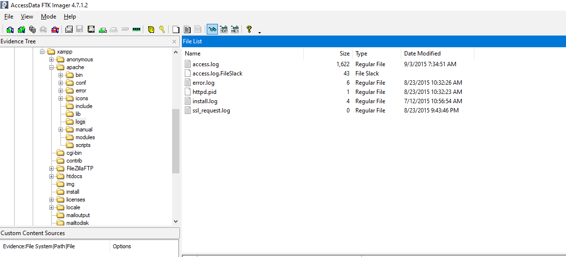 FTK Imager view of the XAMPP / Apache log layout
