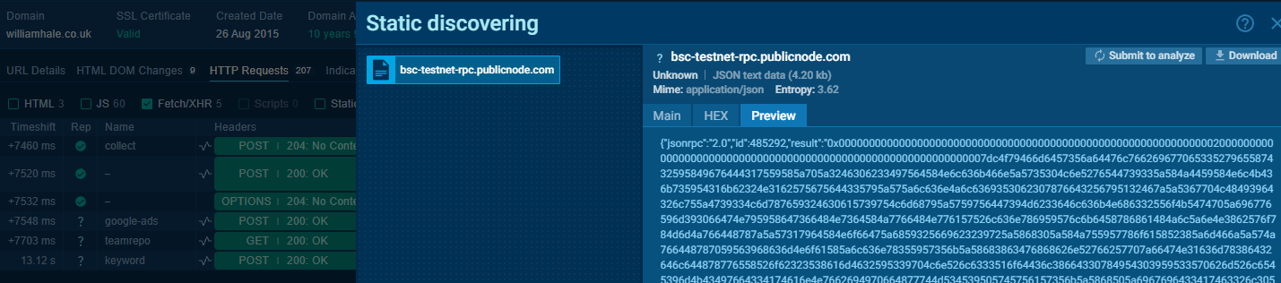 The injected code on the WordPress site 